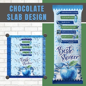 May include: A blue and white chocolate slab design with the words "CHOCOLATE SLAB DESIGN" in blue. The design includes a blue apple, books, and text in a script font. The words "Beste Meneer" are also visible.