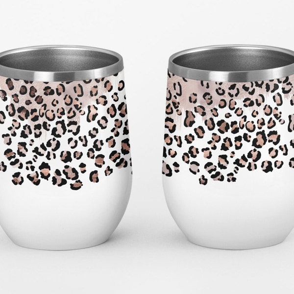 Rose Gold Leopard Print Wine Tumbler Wrap PNG, 12oz Wine Tumbler Wrap