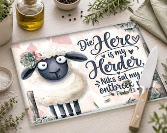 Die Here Is My Herder Psalm 23 PNG | Afrikaanse Christen Design | Sheep & Pink Grey Cutting Board Design | Bible Verse Sublimation | Snybord