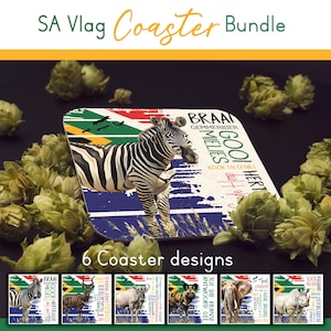Puede incluir: Paquete de posavasos SA Vlag con seis diseños. Un posavasos muestra una cebra con la bandera sudafricana y texto. Otros posavasos presentan varios animales africanos y texto. Los posavasos están rodeados de lúpulo verde.