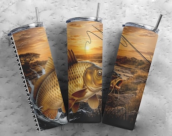 South African Sunset Fishing Tumbler PNG | Golden Carp Jumping Water Design | 20oz Skinny Tumbler Sublimation | Fisherman PNG | SA Fishing