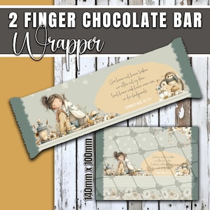 May include: A chocolate bar wrapper with the text "2 FINGER CHOCOLATE BAR Wrapper". The wrapper features an illustration of a girl in overalls, a teepee, and a quote. The wrapper is 140mm x 100mm.