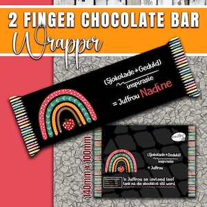 May include: A black chocolate bar wrapper with a rainbow design and the text "2 FINGER CHOCOLATE BAR Wrapper". The wrapper features a rainbow with a red apple and pencil accents. The dimensions are 140mm x 100mm.