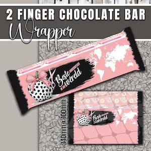 May include: Pink chocolate bar wrapper with a world map design and the text "2 Finger Chocolate Bar Wrapper". The wrapper features a black and white apple with a pink bow and the words "Beste in die wereld". The wrapper measures 140mm x 100mm.