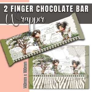 May include: Chocolate bar wrapper with a whimsical design. The wrapper features illustrations of children with maps, trees, and text in a foreign language. The wrapper is 140mm x 100mm.
