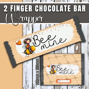 May include: A chocolate bar wrapper with the text "2 Finger Chocolate Bar Wrapper". The design features a cartoon girl riding a bee, with the words "Bee mine" in cursive. The wrapper is 140mm x 100mm.