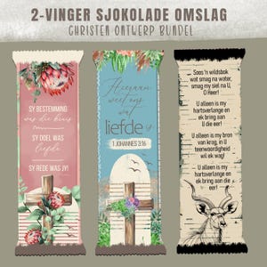 May include: Three decorative chocolate bar wrappers with floral and cross designs. The wrappers feature text in a script font, with phrases like "love" and "cross." The wrappers are in shades of pink, blue, and beige, with a rustic aesthetic.