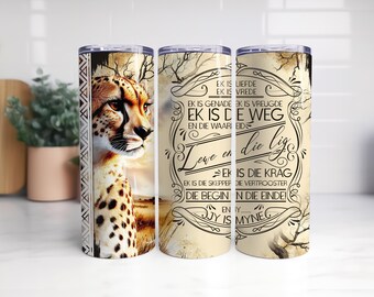 Afrikaanse Geloof Tumbler PNG | ‘Ek Is Die Weg En Die Waarheid’ | Cheetah & Afrika Sonsondergang | 20oz Sublimation Wrap