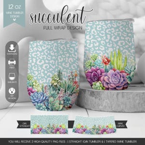 May include: Two 12 oz wine tumblers featuring a light blue leopard print background with a colorful arrangement of various succulents at the base. The design includes purple, green, and red plants. Includes straight and curved digital files.