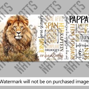 May include: A rectangular design featuring a majestic lion illustration in shades of brown and gold, set against a backdrop of tall grass. The design includes text in multiple languages, with the word "Pappa" prominently displayed.