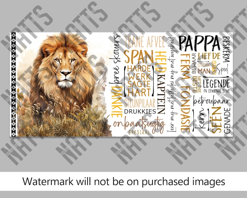 May include: A rectangular design featuring a majestic lion illustration in shades of brown and gold, set against a backdrop of tall grass. The design includes text in multiple languages, with the word "Pappa" prominently displayed.