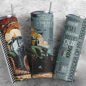 May include: Three stainless steel tumblers with tractor designs. One features a green tractor in a field, another has a tractor with text, and the third has tractor-related words. Each tumbler has a silver straw and black lid.