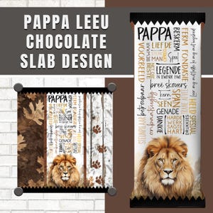 May include: Chocolate slab design with the text "PAPPA LEEU CHOCOLATE SLAB DESIGN". The design features a lion's head, paw prints, and text in a vertical format. The color palette includes brown, white, and black.