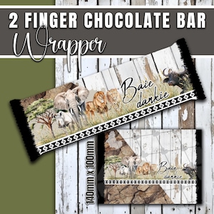 May include: Chocolate bar wrapper featuring an African safari theme. The design includes illustrations of elephants, lions, and a rhino, with the text "Baie dankie" and "2 Finger Chocolate Bar Wrapper". The wrapper is 140mm x 100mm.