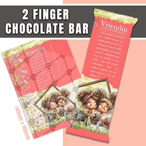 May include: Two-finger chocolate bar with a pink and green design. The packaging features the text "2 FINGER CHOCOLATE BAR" and "Vriendin". The bar's wrapper includes an illustration of two cartoon girls reading, with dimensions of 140mm x 100mm.