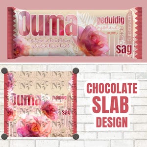 May include: A pink and gold chocolate bar wrapper with the name "Ouma" in large letters. The wrapper features floral designs and text in a foreign language. The words "Chocolate Slab Design" are in a red font.