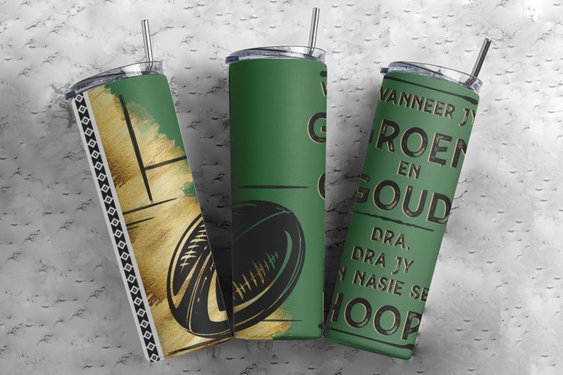 May include: Three green insulated tumblers with black and gold designs. One tumbler features a rugby ball graphic, another has text, and the third has a gold and black pattern. Each tumbler has a silver straw.