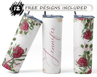 Red Ice Protea Tumbler Wrap, Add Your Name/Text Sublimation Design, Red Protea 20oz Skinny Tumbler Wrap Design PNG, Seamless