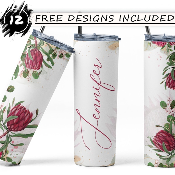 Red Ice Protea Tumbler Wrap, Add Your Name/Text Sublimation Design, Red Protea 20oz Skinny Tumbler Wrap Design PNG, Seamless