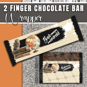 May include: A chocolate bar wrapper with the text "2 FINGER CHOCOLATE BAR Wrapper". The design includes a globe, books, and an owl. The wrapper also has the text "Beste onderwyser in die wêreld". The wrapper measures 140mm x 100mm.