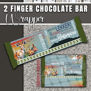 May include: A chocolate bar wrapper with the text "2 FINGER CHOCOLATE BAR" and "Wrapper". The wrapper features an illustration of an antelope and flowers, with text in a foreign language. The wrapper measures 140mm x 100mm.
