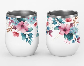 Pink and Blue Magnolia Flowers Watercolor Wine Tumbler Wrap PNG, 12oz Wine Tumbler Wrap
