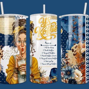 May include: A stainless steel tumbler with a straw, featuring a design with a woman holding a coffee drink, coffee beans, and the text "YS Koffie". The tumbler has a blue, yellow, and brown color scheme.