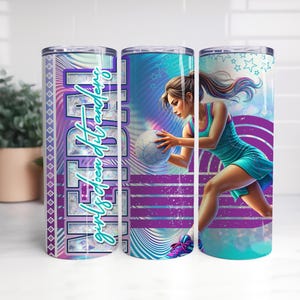 May include: Three stainless steel tumblers with a netball theme. One tumbler features the text "girls do it anders" in a purple and teal design. The other two tumblers have a graphic of a netball player in teal and purple.