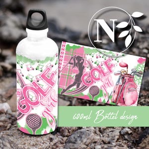 May include: A white water bottle with a black cap, featuring a pink and green golf-themed design. The design includes the words "GOLF girl", golf balls, and golf carts. A matching design card is next to the bottle.