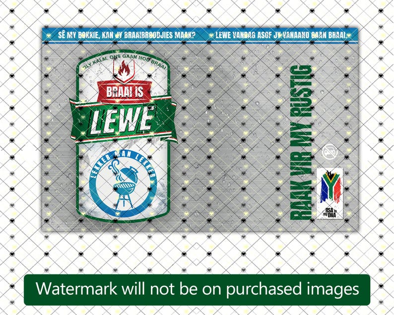 Puede incluir: Dise&ntilde;o rectangular con texto multicolor. La imagen central presenta una pancarta verde y blanca con las palabras "BRAAI IS LEWE". Debajo hay un c&iacute;rculo azul y blanco con un gr&aacute;fico de parrilla. El fondo es un patr&oacute;n de cuadr&iacute;cula gris.