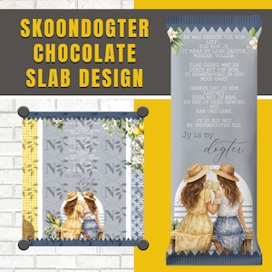 May include: A chocolate slab design with the text "SKOONDOGTER CHOCOLATE SLAB DESIGN" in yellow and brown. The design includes illustrations of two women, floral accents, and text in a foreign language.