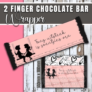 May include: A pink chocolate bar wrapper with the text "2 FINGER CHOCOLATE BAR Wrapper". The wrapper features a black silhouette of a couple on a swing and the text "Tong uitsteek is soentjies vra". The wrapper measures 140mm x 100mm.