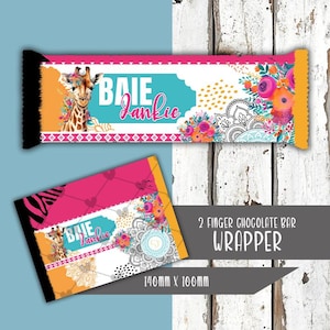 May include: A chocolate bar wrapper with a giraffe wearing a floral crown, the text "Baie Jankie", and floral and mandala designs. The wrapper is pink, orange, and white with black edges. The dimensions are 140mm x 100mm.