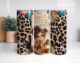 Leopard Print Skinny Tumbler PNG, Matthew 5:16 Design, Floral Accents (Instant Download)