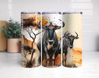 Wildebeest Sunset Tumbler PNG | African Safari Sunset | 20oz Skinny Tumbler Sublimation Design | Wildlife Tumbler | African Wildlife PNG