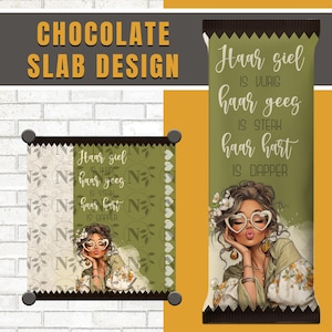 May include: Chocolate slab design with a decorative illustration of a woman wearing heart-shaped glasses. The design includes text in Dutch, with a green and brown color scheme. The words "Chocolate Slab Design" are at the top.