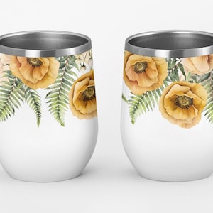 May include: Two stemless wine tumblers with a white base and a stainless steel rim. The tumblers are decorated with watercolor illustrations of yellow poppies and green ferns. The floral design is at the top of the tumblers.
