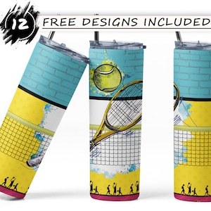 May include: Three stainless steel tumblers with a tennis theme. The tumblers feature a yellow and blue brick pattern, a tennis racket, a tennis ball, and a tennis net. The tumblers are surrounded by a white background.