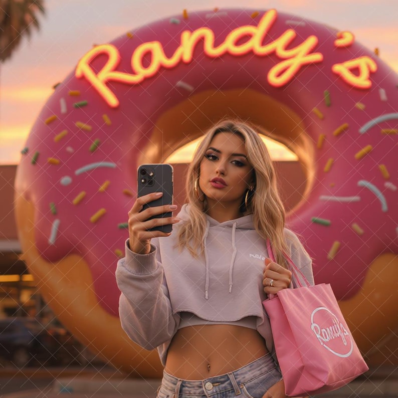 Peut inclure: Une femme prend un selfie devant un grand donut rose avec le nom "Randy's" en n&eacute;on jaune. Elle porte un sweat &agrave; capuche gris et tient un sac fourre-tout rose avec le logo Randy's.