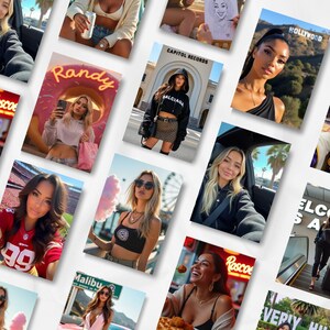 Peut inclure: Un collage de photos mettant en sc&egrave;ne diverses femmes dans diff&eacute;rents environnements. Une photo montre une femme tenant un sac rose et prenant un selfie devant une enseigne de donut avec le mot "Randy". D'autres photos incluent une femme devant le panneau Hollywood et une femme dans une voiture.
