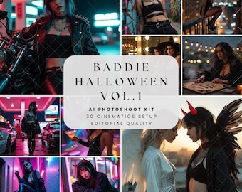 Guide du kit de séance photo IA d'Horror Baddie, vol.1 L'IA effrayante d'Halloween invite à la boîte à outils de l'influenceur Ensemble de double image de marque IA numérique pour créateurs