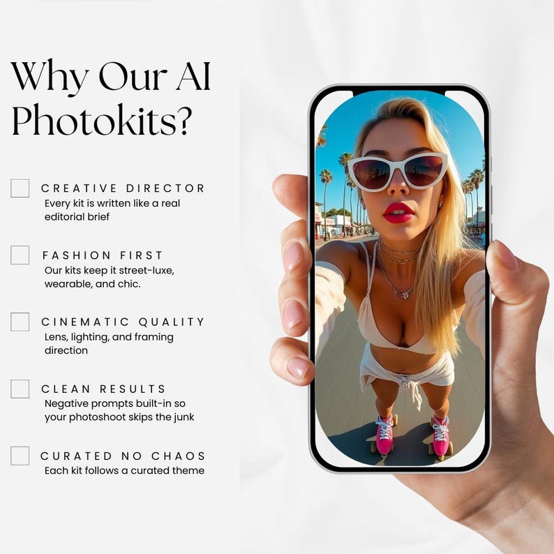 Peut inclure: Un smartphone affiche un selfie d'une personne portant des lunettes de soleil blanches, un haut blanc et des patins &agrave; roulettes roses. Le t&eacute;l&eacute;phone est tenu dans une main. Le texte &agrave; gauche indique "Why Our AI Photokits?" avec des puces.