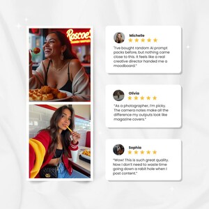 Peut inclure: Deux photos de femmes mangeant dans un restaurant. L'une mange du poulet frit et des gaufres, l'autre mange des frites. Des avis clients sont affich&eacute;s sur des cartes blanches avec des &eacute;valuations par &eacute;toiles.
