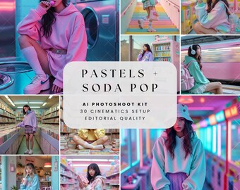 Guide du kit de shooting photo SodaPop IA pastel Kawaii Prompts Pack de marque jumelle IA Boîte à outils numérique de l'influenceur Pack de marque jumeau IA pour créateurs