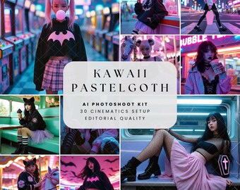 Guide du kit photoshoot goth Kawaii IA Vol.1 Harajuku Kawaii Vibes AI Prompts Boîte à outils de l'influenceur Double IA numérique pour créateurs