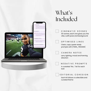 Peut inclure: Un ordinateur portable et un smartphone affichent une femme en maillot de football. L'&eacute;cran de l'ordinateur portable montre un selfie de la femme sur un terrain de football. Le smartphone affiche une liste d'invites. Le texte &agrave; droite dit "What's Included".