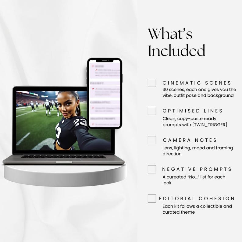 Peut inclure: Un ordinateur portable et un smartphone affichent une femme en maillot de football. L'&eacute;cran de l'ordinateur portable montre un selfie de la femme sur un terrain de football. Le smartphone affiche une liste d'invites. Le texte &agrave; droite dit "What's Included".
