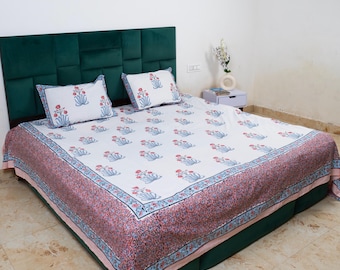 Hand Block Printed Cotton Bed Sheet Set: White Floral King Size