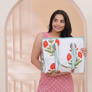 Indian Quilted Tote Bag, Handmade Cotton Tote Bag, Red Flower Block Print Large Quilted Shoulder/Market Bag Floral Quilted Cotton Tote Bag