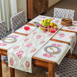 Pink Hand Block Print Table Cover, Floral Print Tablecloth, Cotton Dining Napkins, Tablecloth and Runner, Floral Mats, Home And Table Decor